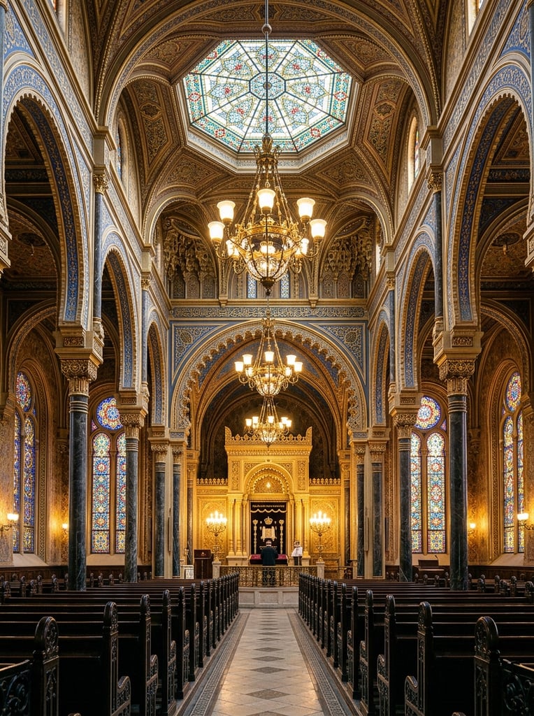 A perfectly symmetrical architectural photograph of a grand Moorish Revival synagogue interior. Dark wooden pews flank a central aisle leading to a glowing golden ark at the vanishing point. The ornate space features intricate cobalt blue and gold painted arches resting on dark marble columns with gilded capitals. Elaborate brass chandeliers hang beneath a vividly patterned ceiling and a central stained-glass skylight, while vibrant arched stained-glass windows illuminate the side aisles in rich, warm light.