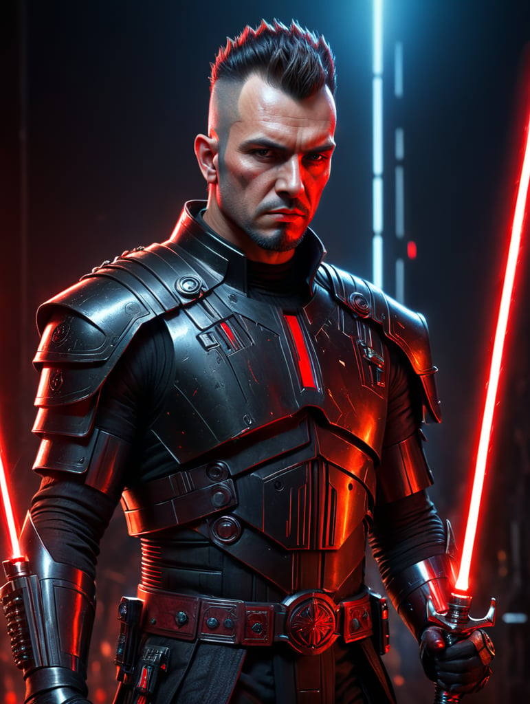 Brunette, male, mohawk, sith Lord, Star wars, red lightsaber