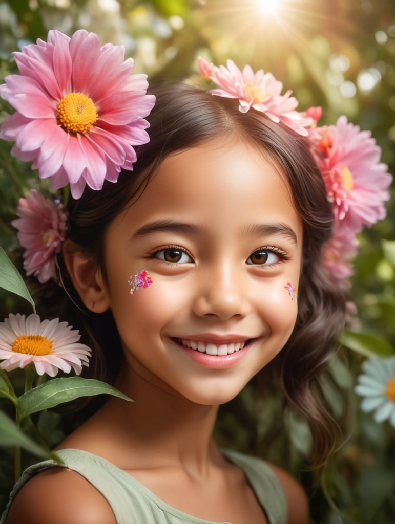 In a whimsical garden, a young girl stands with one side of her lip turned up in a playful smirk. She delicately covers part of her face with a colorful flower, its petals vibrant and radiant against her skin. The sunlight filters through the foliage, casting a warm glow upon her expression, which is filled with mischief and charm. Behind her, lush greenery and blooming flowers create a magical backdrop, adding to the enchantment of the scene