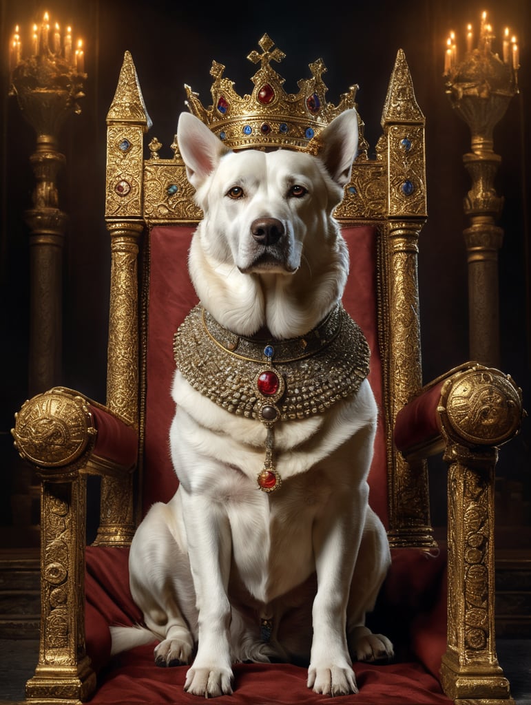 samoyède dog as a king with a crown sitting in his throne