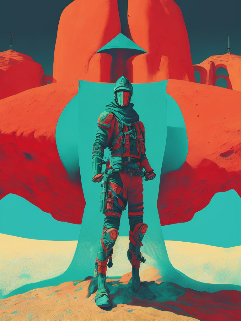 anaglyph-2D Devotion surreal life, full body of a sand raiders man, backdrop is desert, warm color palette, illustration, John Henry Alvin