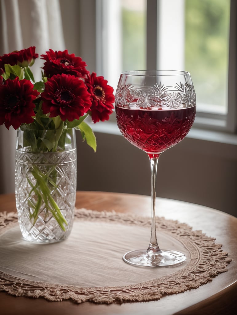 crystal glass with red wine, crystal richly engraved with floral motifs, glass on wooden table with linen naperon, dry natural flowers lying on the table next to the glass, soft colors, soft light comes in through the window, comfortable atmosphere, highly detailed