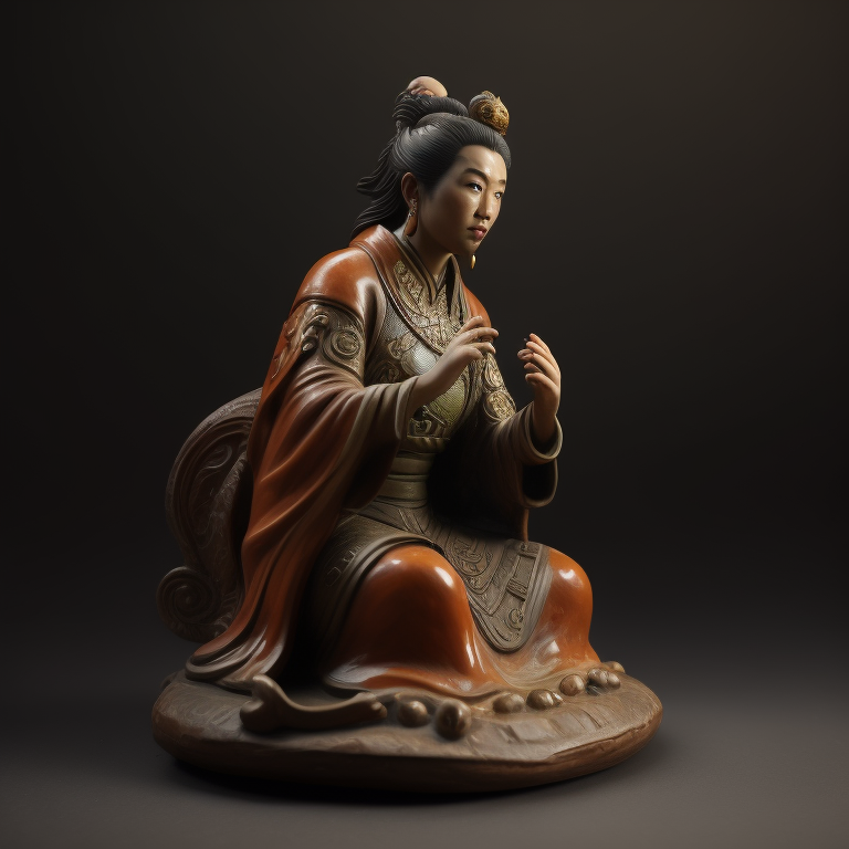 ancient small clay and glazed Chinese sculpture of a woman, deep atmosphere, realistic