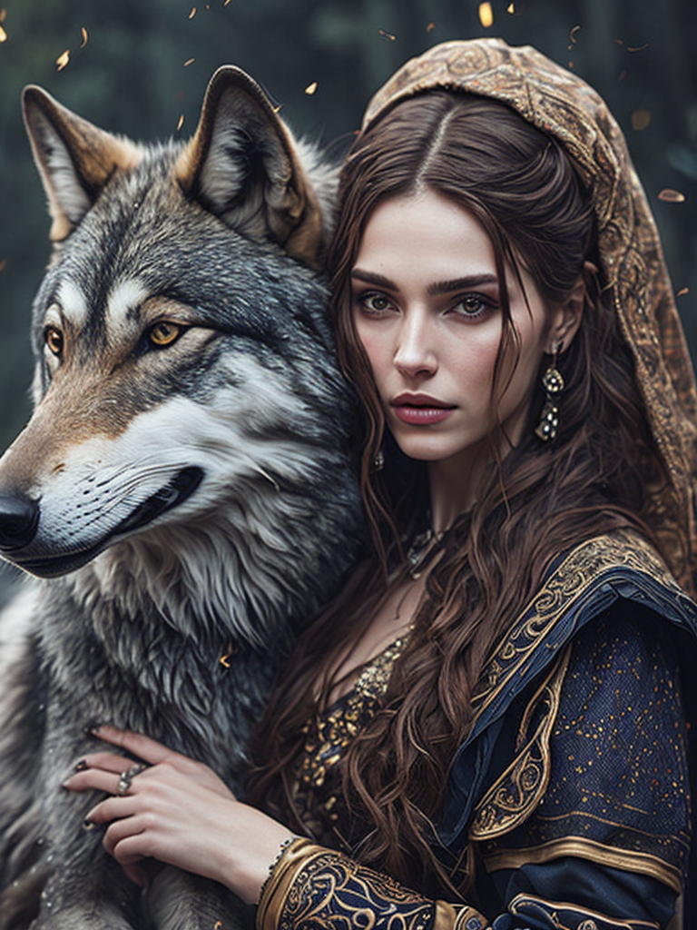 Portrait of a Beautiful women from Russian fairytale wearing traditional costume hugging a wolf