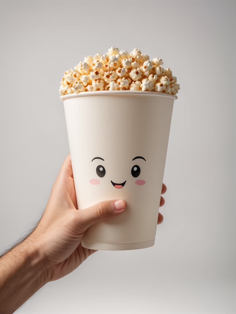 A cartoon hand is holding a popcorn cup, cartoon, 3d render, soft light, white background, mockup, mock up