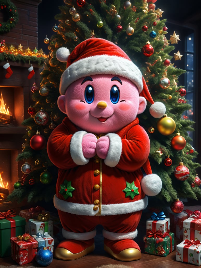 Kirby the video game character wearing Christmas pajamas