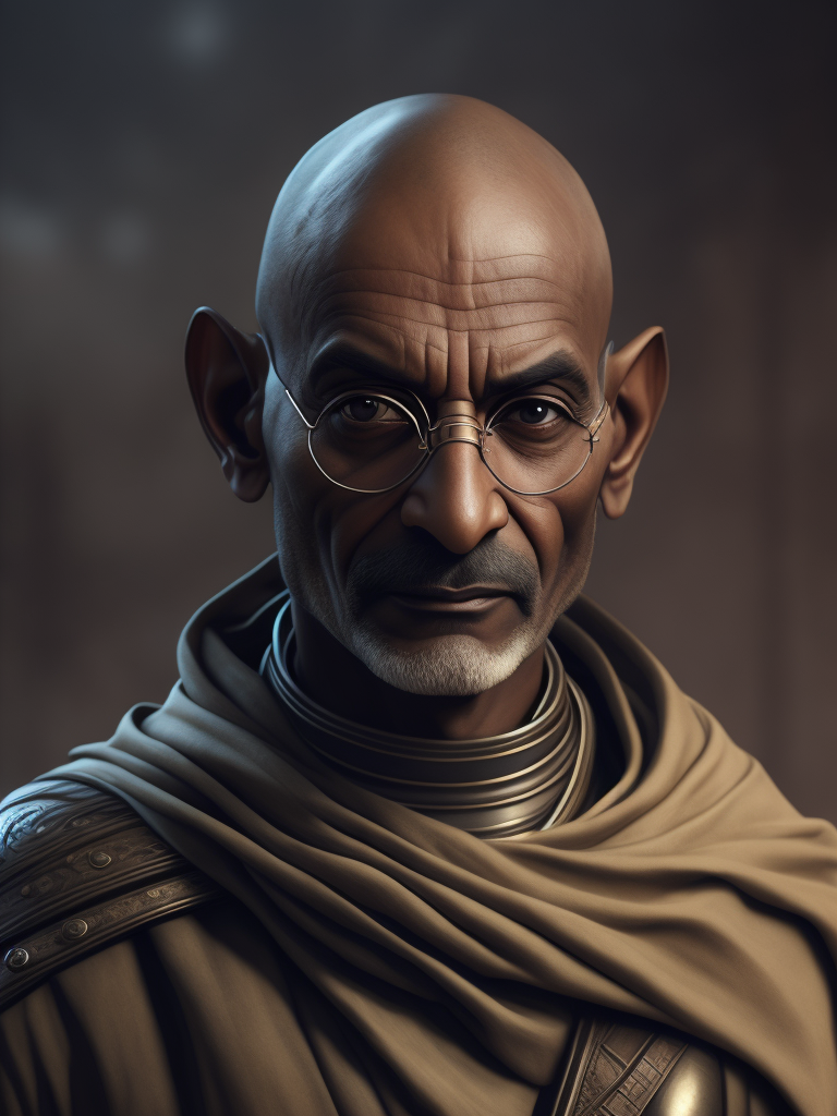 Gandhi as a futuristic medieval warrior ready for the combat