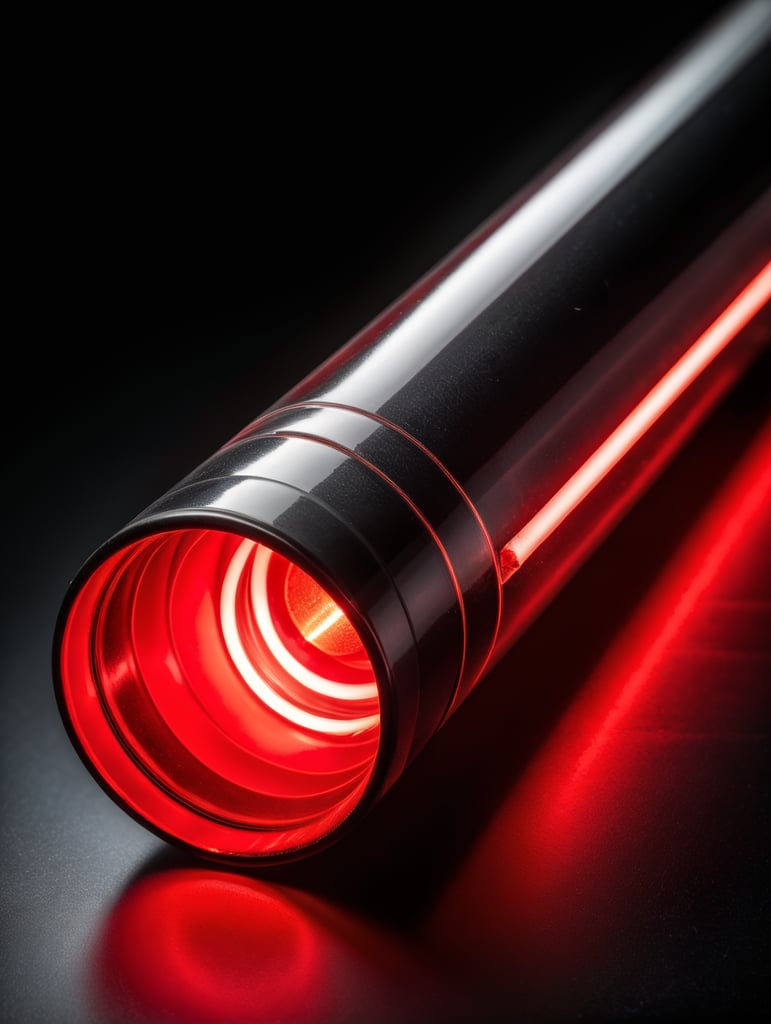 Close-up photo of a neon tube glowing with a bright red light, isolated, black background