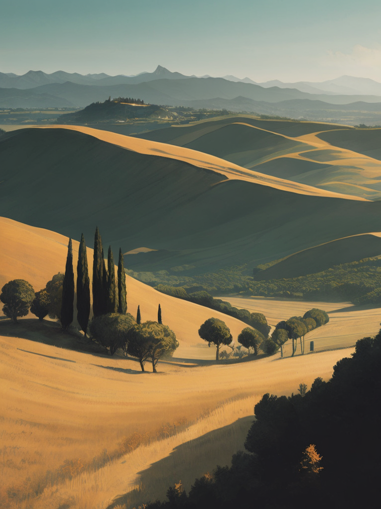 Italian landscape tuscany, photorealistic, serene, peaceful, majestic, high detail, landscape, ultra hd, matte painting, highly detailed, concept art, contrast light, deep colors