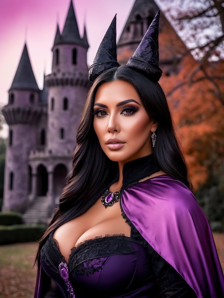 Portrait of Kim Kardashian in a witch costume for Halloween, scary dark makeup on her face, gloomy dark atmosphere, vintage 70s style, purple, pink and black colors, high detail photo, professional photo, against the backdrop of an old creepy castle, contrasting light, bright colors, deep dark atmosphere