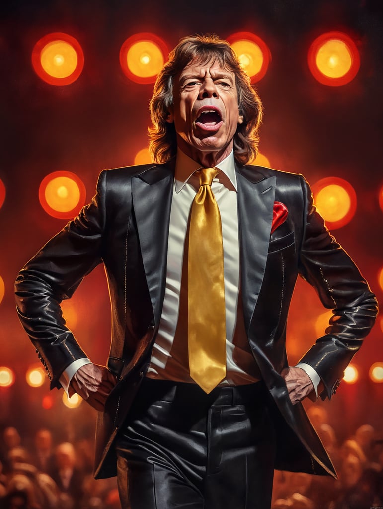 portrait american framing of mick jagger in ronald mc donald suit standing on stage with red and yellow lights