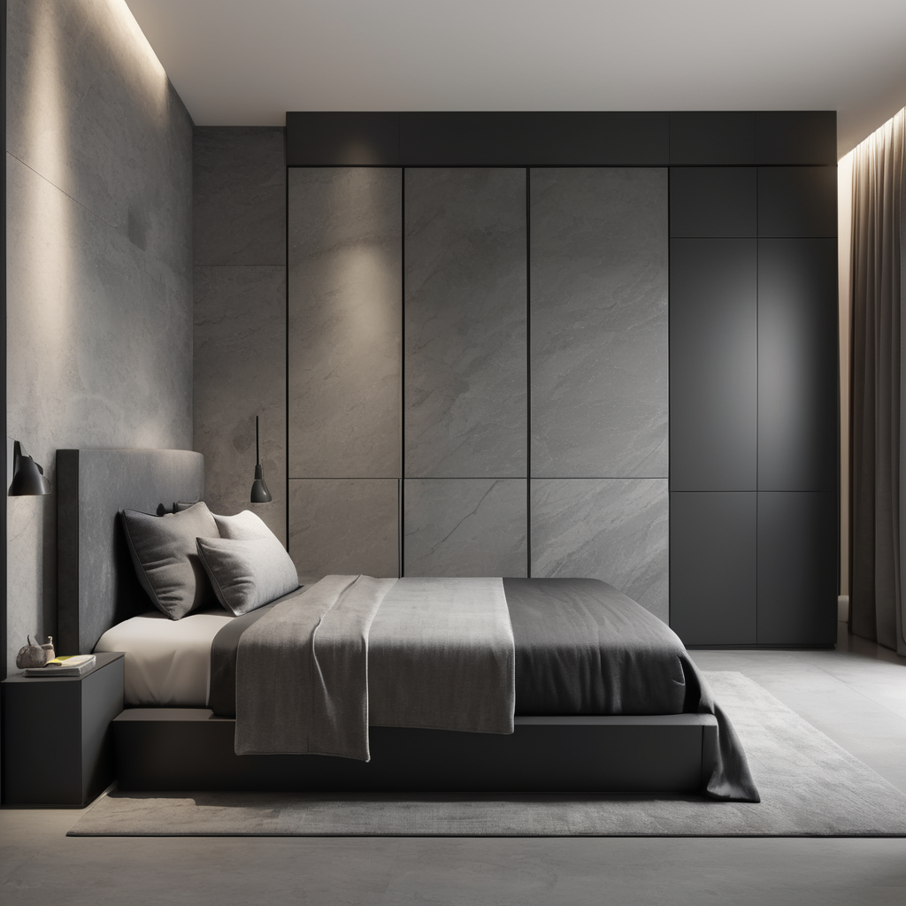 design minimal and outstanding look beroom which contain bed and on right side there is a wardrobe whith dark gray stone patten and light gray stone pattern and on the left there is a side box which is in ligh gray stone patern and beside box there is wall big size