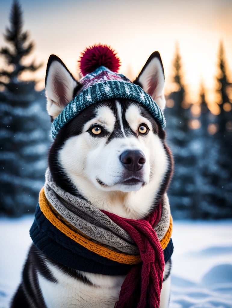 husky siberiano de cachecol e touca na neve cores saturadas contraste cor ícone da moda estilo rockstar imagem icônica lenda da música Escala CFG: 4