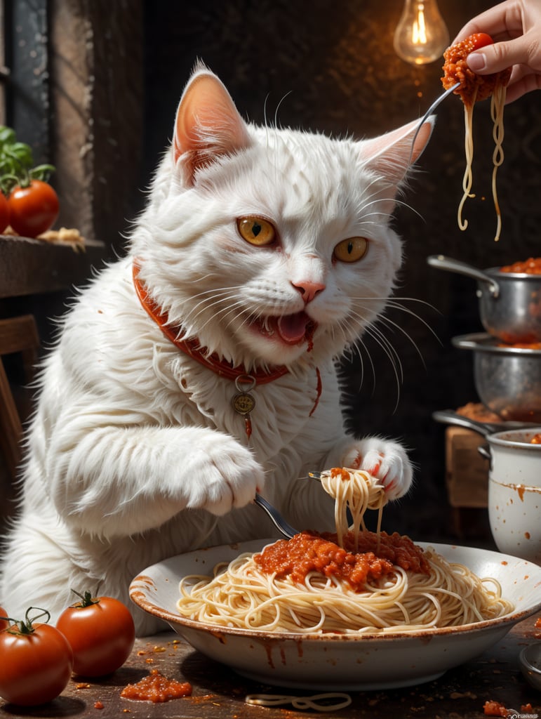 A cute white cat with brown spots eating messy spaghetti with tomato sauce, illustration by Hergé, perfect colours