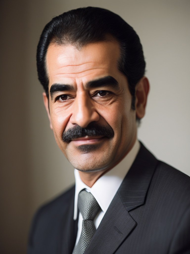 Portrait of Sadam Husein, Saddam Hussein was a prominent political figure who served as the President of Iraq from 1979 to 2003. He led Iraq through a period marked by conflict, both domestically and internationallyn, portrait in Iraq office, special atention of red sharp focus, highly detailed, photorealistic photoreal: 1.4, lifelike,highly detailed CG unified 8K,looking at the viewer smiling, (HQ skin:1.4), 8k uhd, dslr, soft lighting, high quality, film grain, Fujifilm XT3, smiling front camera.