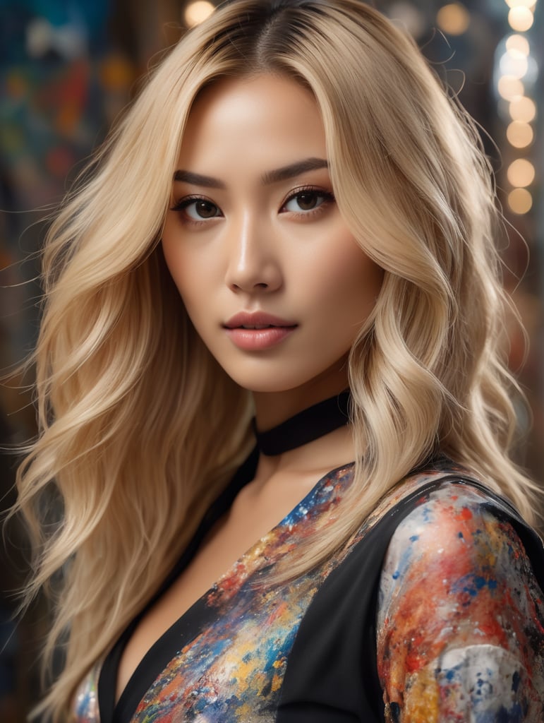 Hasselblad photo portrait of a beautiful and mysterious Tokyo woman model with long extra blond hair, wearing short clothes inspired by Jackson Pollock, creating the most incredible 2018 fashion look possible. The setting is a clear house with colorful paintings, an astonishing lighting ambiance. The woman is standing with an intense look, very long blond haircut, with lots of 12k contrast, many original details. The scene is epic, high couture, artistic, with light skin and detailed features. She is facing away from the camera, looking back with a big smile, using a Givenchy 100mm portrait lens. The lighting is golden and professionally captured by a natural light photographer.