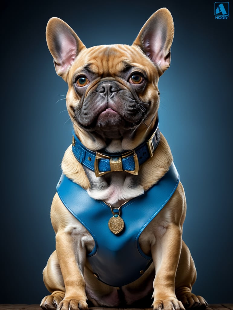 a french bulldog with blue tan color skin, sits. He is wearing a blue collar with the name Loki on it.