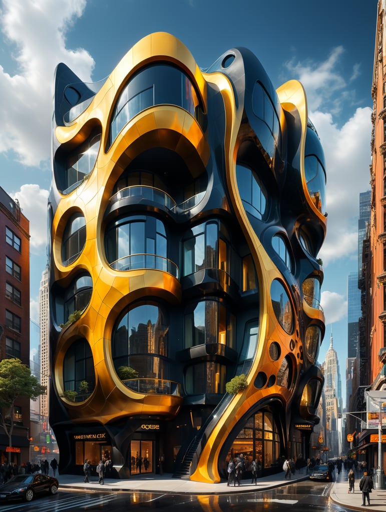 dream prompt: the craziest wide viewing angle lens architectural photo style black palette hyper realistic hyper detailed futuristic neocosmic exterior architecture of a complex Fluid facade with a geometric shapes spectrum, Afarin Sajedi and Agnes Cecile and Alberto Seveso architecture styles, epic Aliza Razell, day's ambience, sunny day, in new york city 2040s, gold::1 black:3, natural lighting, camera nikon, 8k, --s1000 --style raw, detailerd and intricate, you can imagine