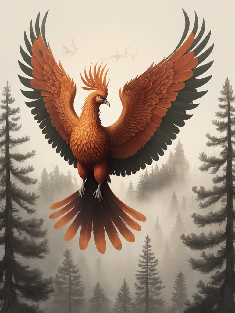 phoenix bird with wings around a cedar tree