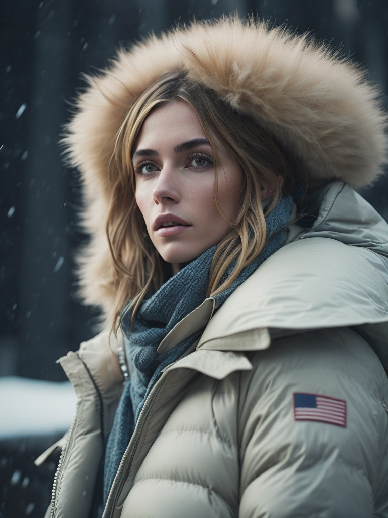 Blonde female in a Canada goose parka