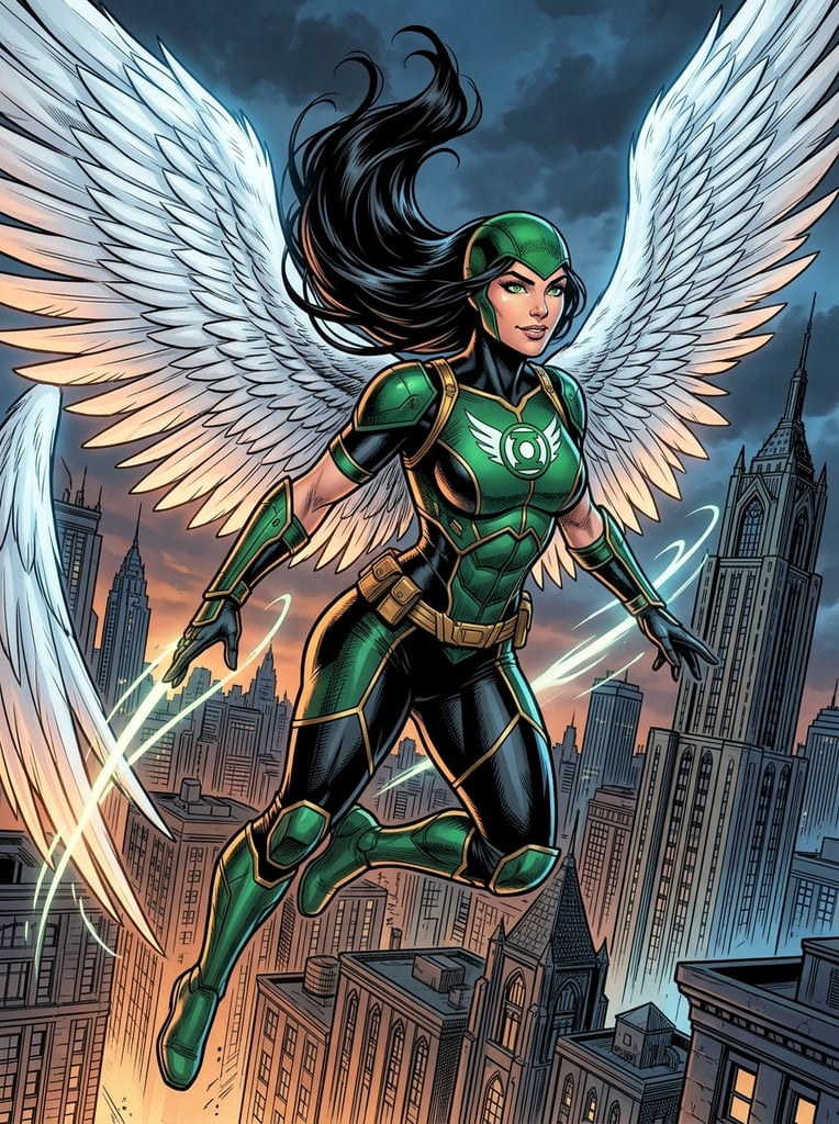 Dc comic style, long black hair, green eyes, female, white wings, curvy