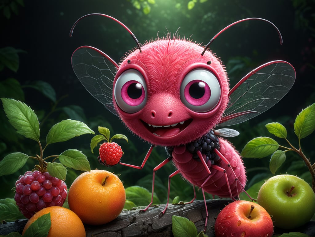 cartoon character, 2d, fruits, pink mosquito, cute, creative, kid style