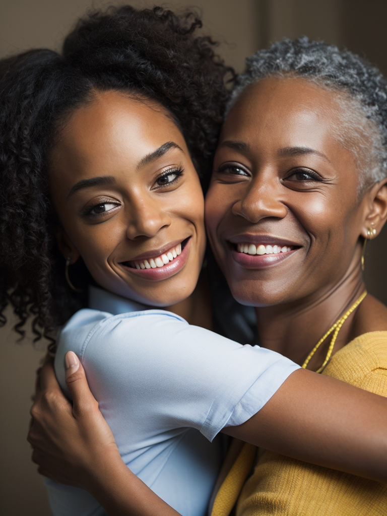 African-american woman smiling, embracing granddaughter, highly detailed, sharp focus, dramatic lighting, depth of field, light color background