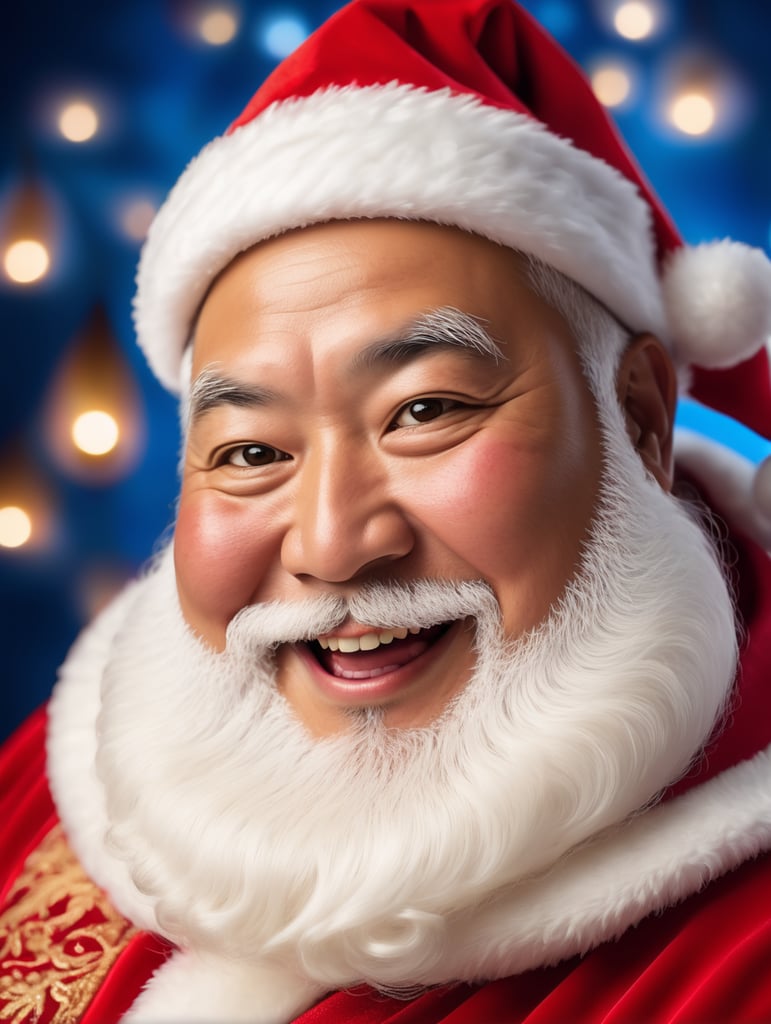 Portrait of a Japanese fat Santa Claus smiling, whimsical facial expression, flowing white beard, jolly caricature, saturated colors, red outfit, sharp focus, portrait photography, depth of field, dramatic candlelit lighting, incredibly high detailed, blue background, blurred background,