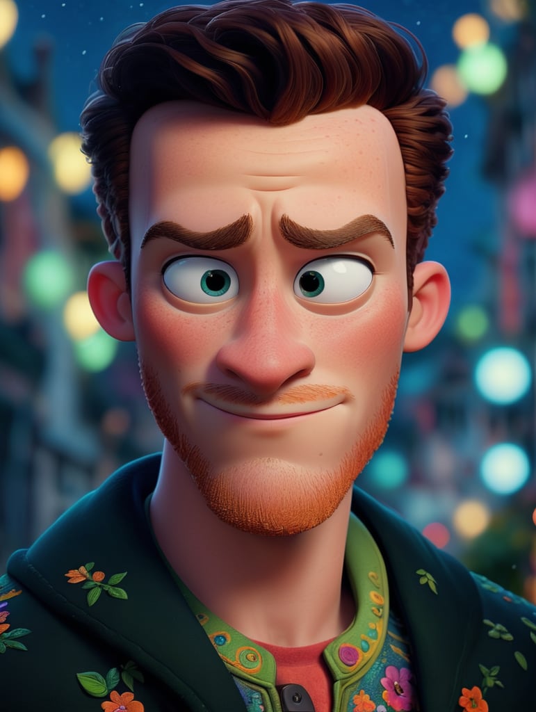 Beautiful ginger man with freckles, wearing a colorful, vibrant, detailed embroidered jacket, medium-full shot, at night