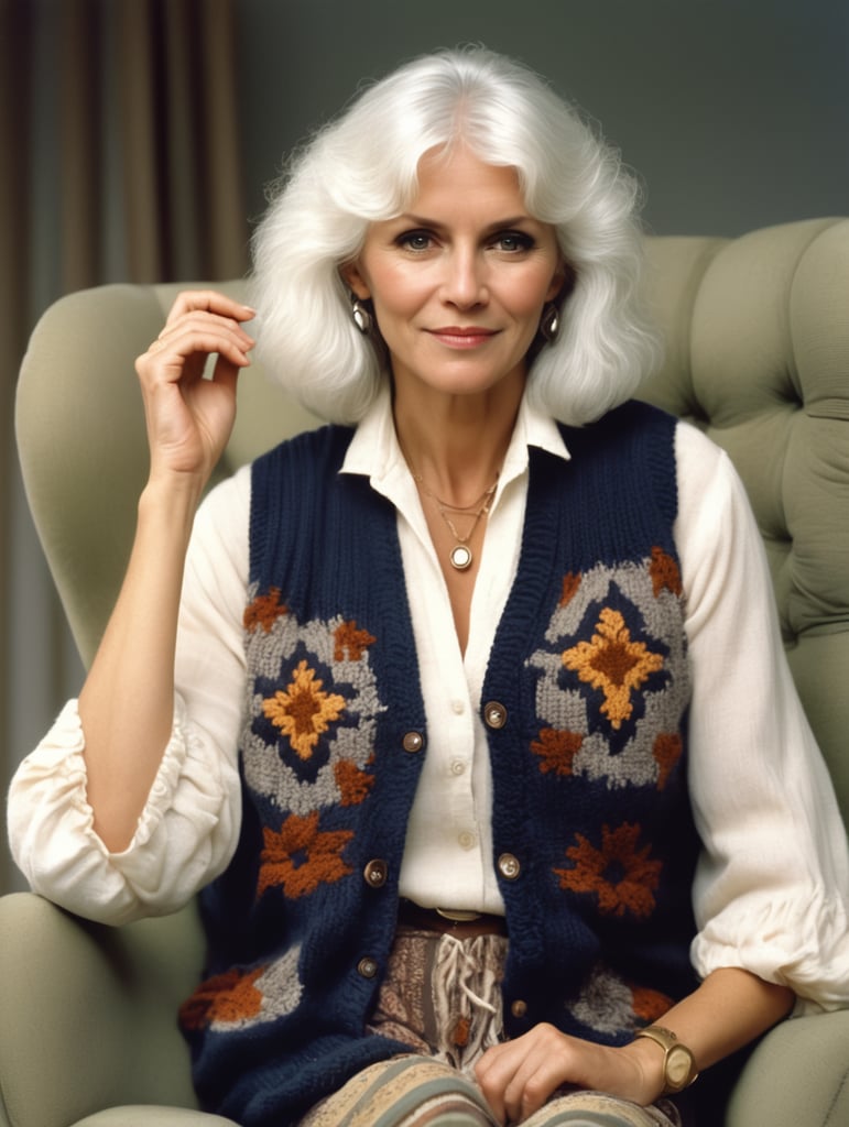 a white haired middle aged woman in 1980, bohemian style, sitting on a comforable armchair, knitting a baby jacket