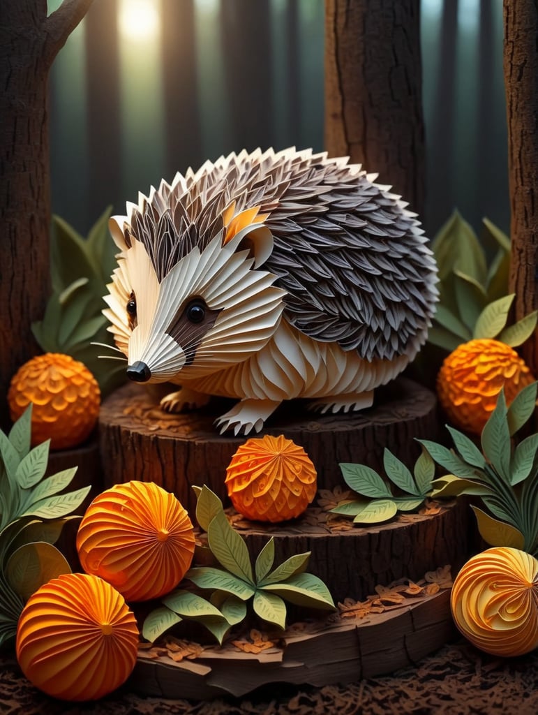 Hedgehog collects oranges in the forest