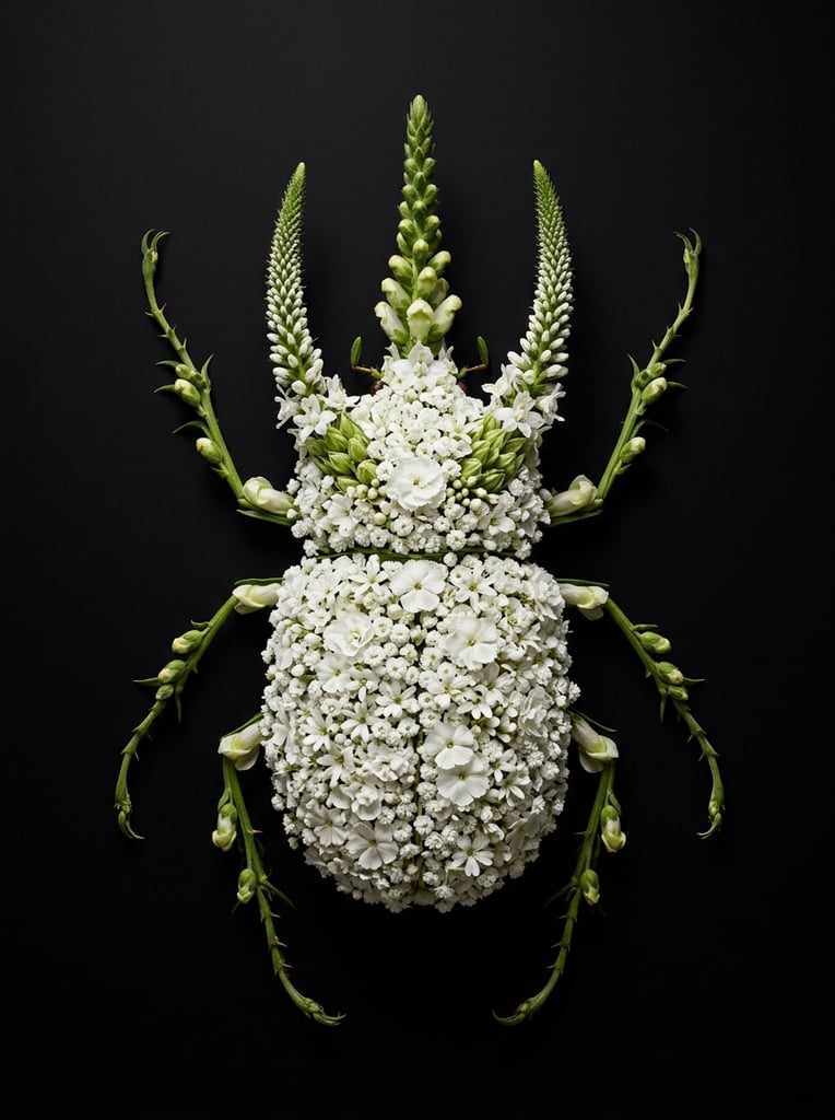 A flat-lay botanical arrangement of a horned beetle against a solid black background. Densely packed white blossoms form the main body. Spiky green and white flower spires create three upright horns. Angled green stems with closed buds serve as six jointed legs. High-contrast studio lighting.