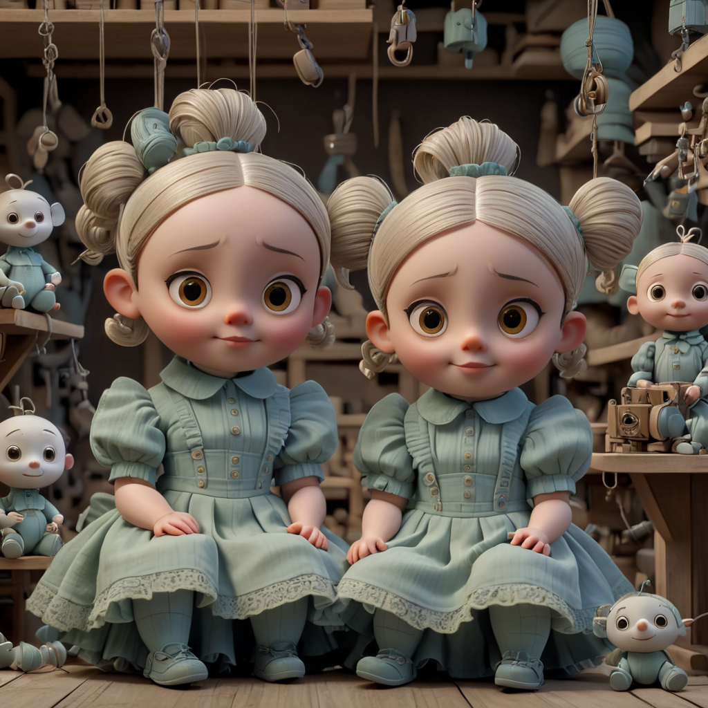 Two 3D puppet dolls, with strings attached to arms and hands, dressed in frilly clothes, pigtails, sitting in a toy makers workshop, vibrant by artist "Lovecraft", "Edward Gorey", "Anton Semenov", dystopian surrealism