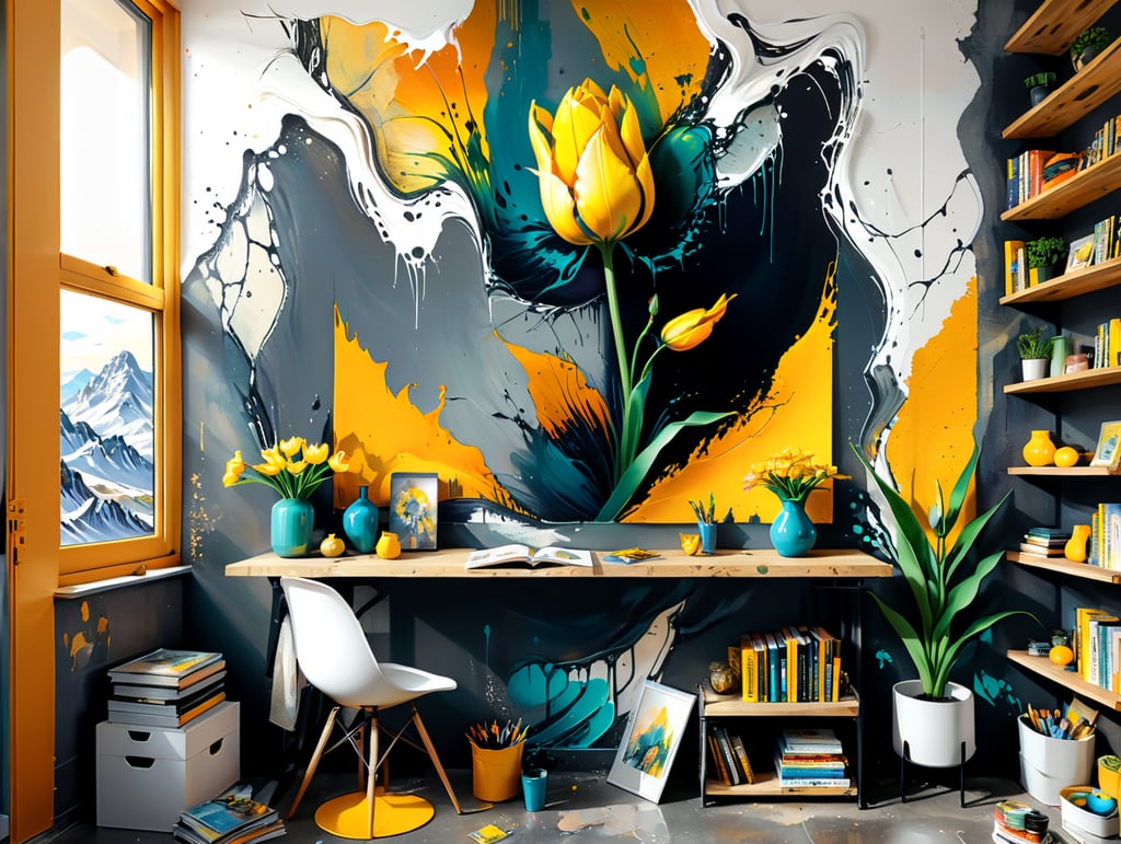 Гора Книга на полке стоит огромная жёлтый тюльпан один