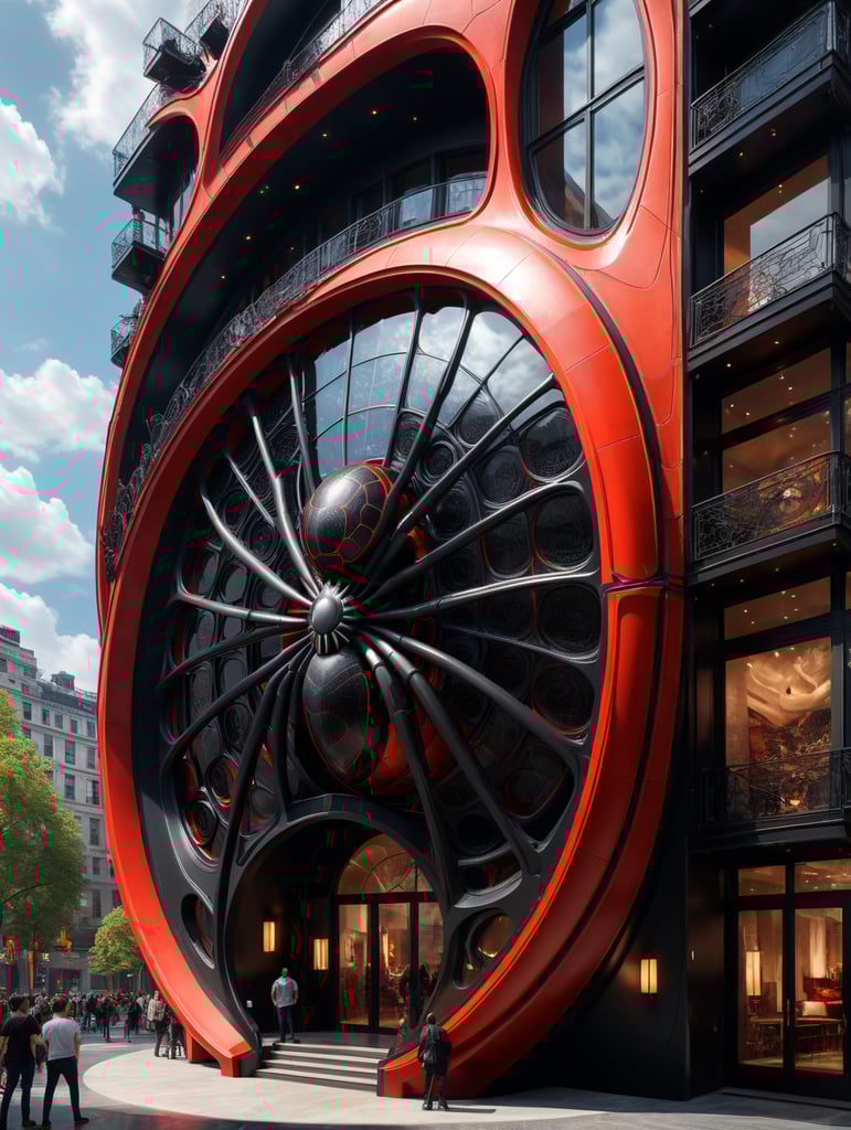 dream prompt: the craziest, bentwood, far view lens architectural modern style hyper realistic hyper detailed neocosmic exterior architecture design of a spider Fluid complex facade, geometric shapes spectrum, black::1 red:3, Antoine Blanchard architecture art style, in new york city, dramatic ambient, natural lighting, camera sony, 8k, --s1000 --style raw, you can imagine