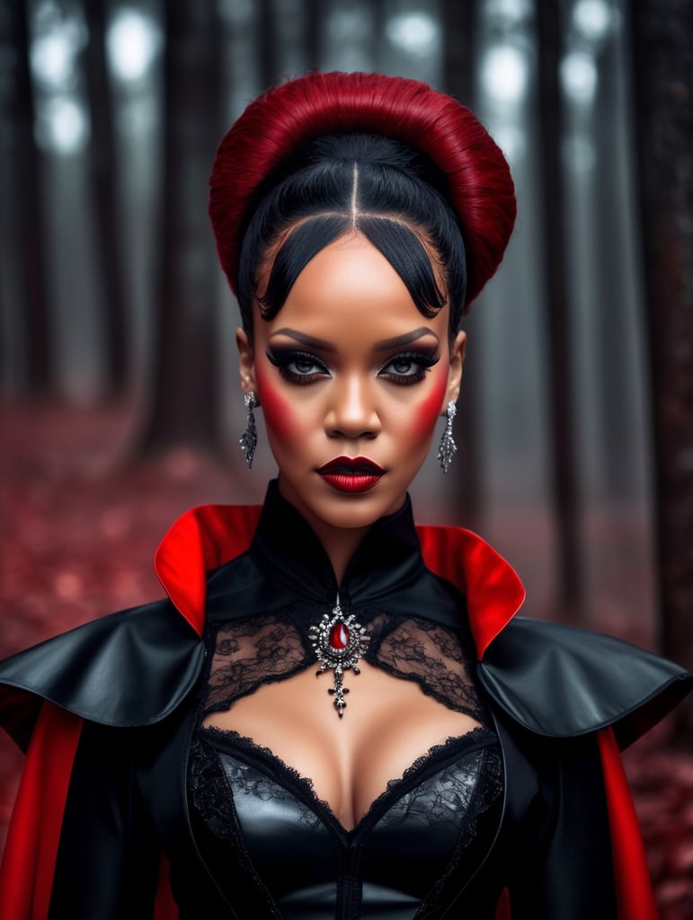 Portrait of Rihanna in a Dracula Halloween costume, scary face makeup, dark atmosphere, vintage style, red and black colors, high detail photo, professional photo shot, against the backdrop of an old creepy dark forest, contrasting light, bright colors, dark atmosphere