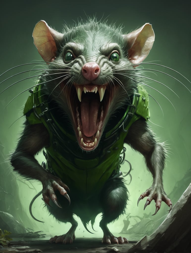 a huge evolved mutant rat screaming,horror theme, green theme , 2d game art,sketch art