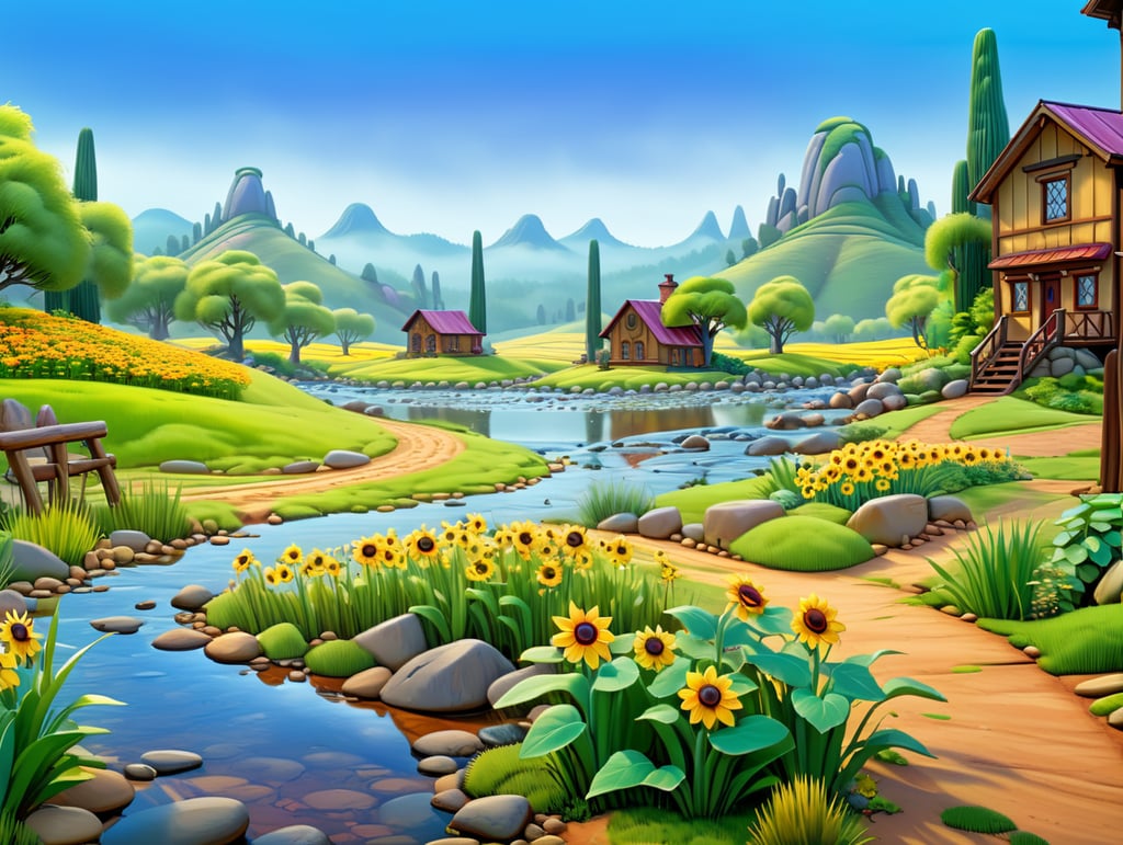 nature landscape, two hills behind of scene one of them dense forest other is stone and desert, lake int he middle of scene, creek coming to point of view, small stone bridge on creek,small waterfall stones of scene's left bottom side, green grasses and colorful flora close to viewer, wooden two story big house on right side on scene with sunflowers on front of it, mud road right bottom side of scene, many hills on fog on background horizon,