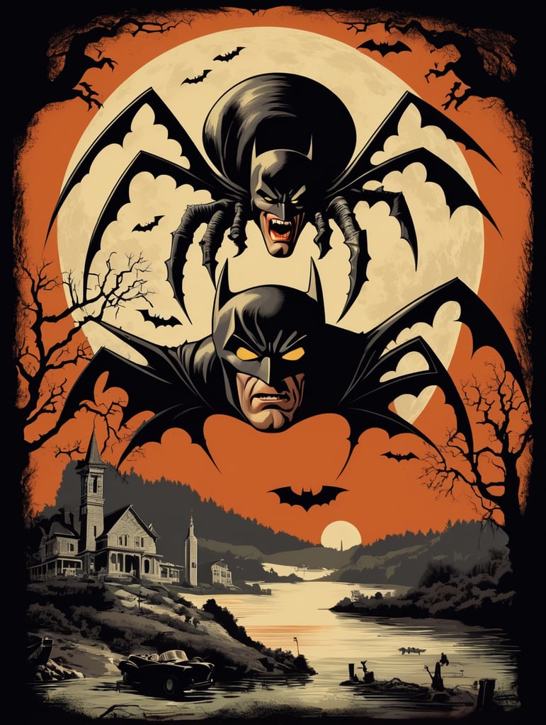 1950's b-movie horror halloween t-shirt print design featuring a giant batman shape