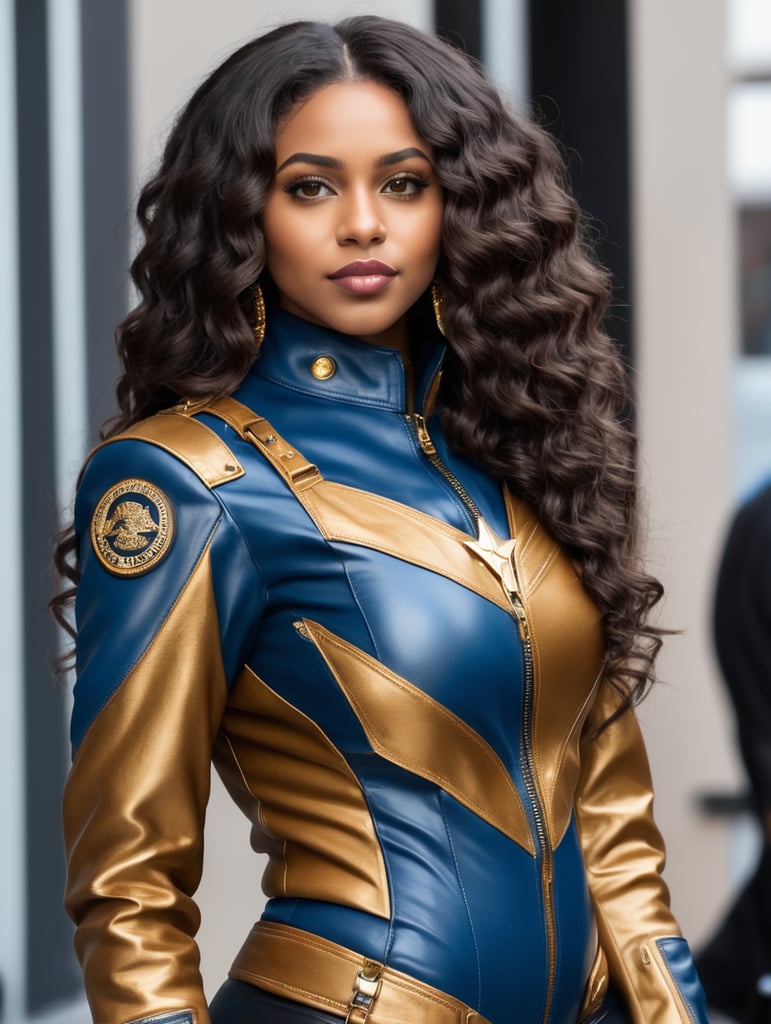 Lateral mid shot, pretty 27-year-old, brown skin, black woman, long curly dark brown hair, full lips, gold eyes, wears blue combat leather suit