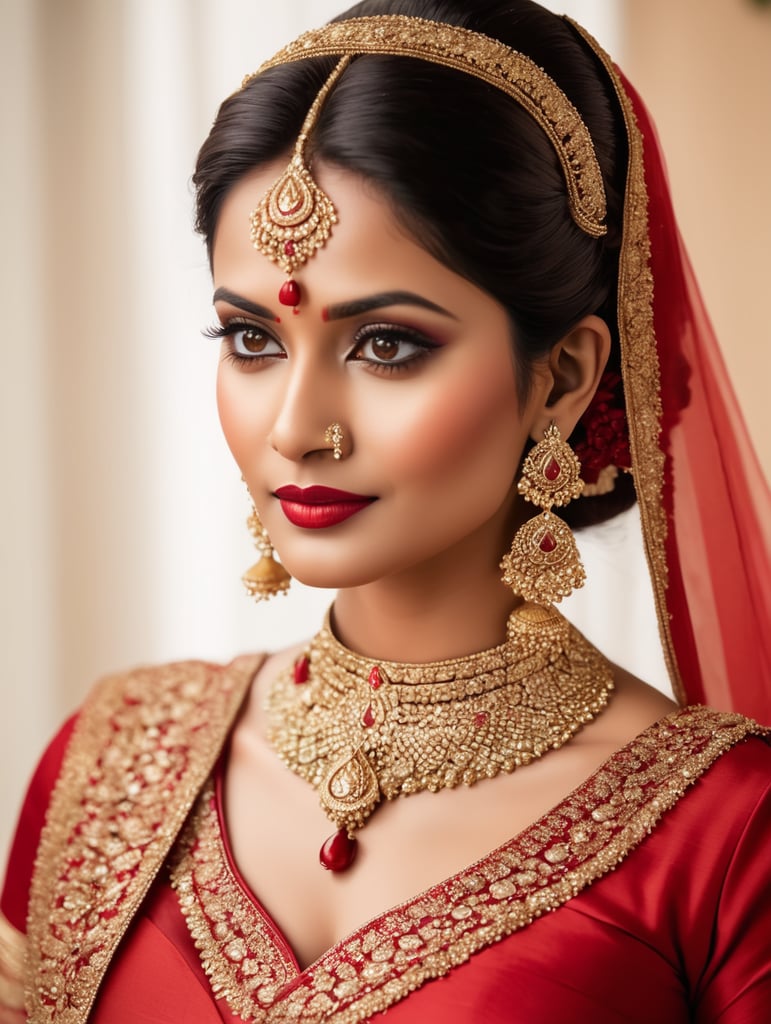 JBangladeshi bride, minimalist jewellery, red traditional bengali gown,nose ring,heavy earrings,updo hair