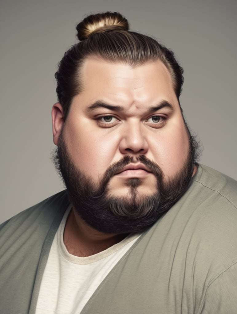 Extremely obese man with man bun