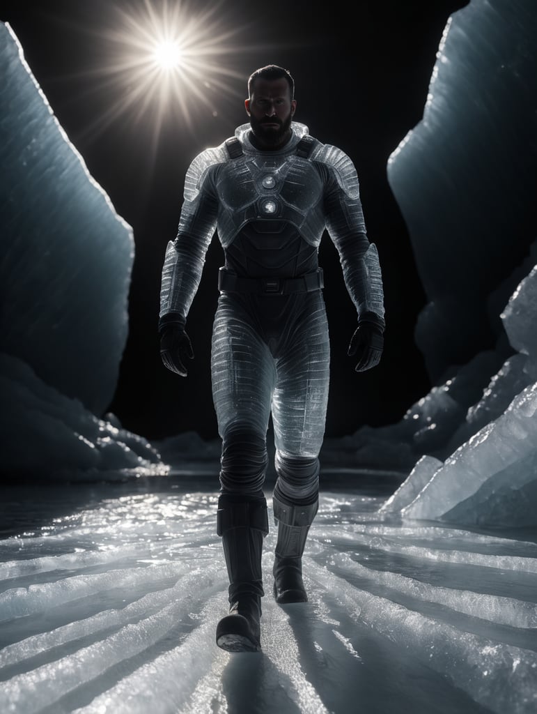 Translucent man made from the ice, walking on the surface of the sun