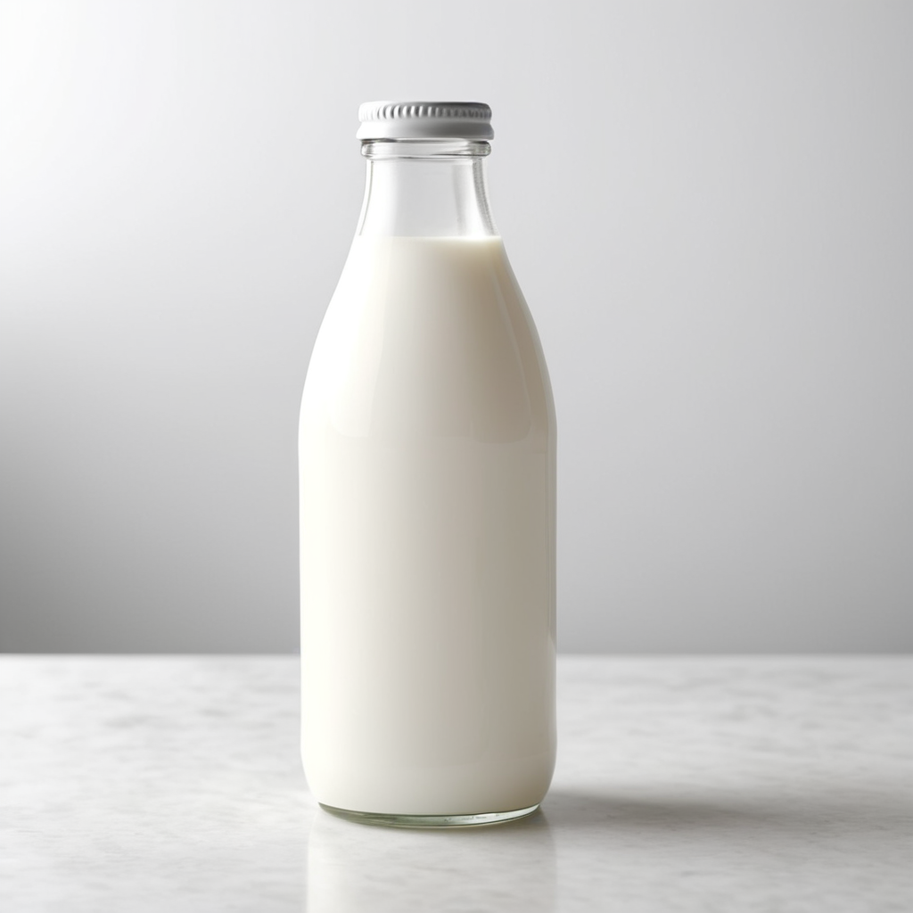 A mockup of a glass bottle of milk.