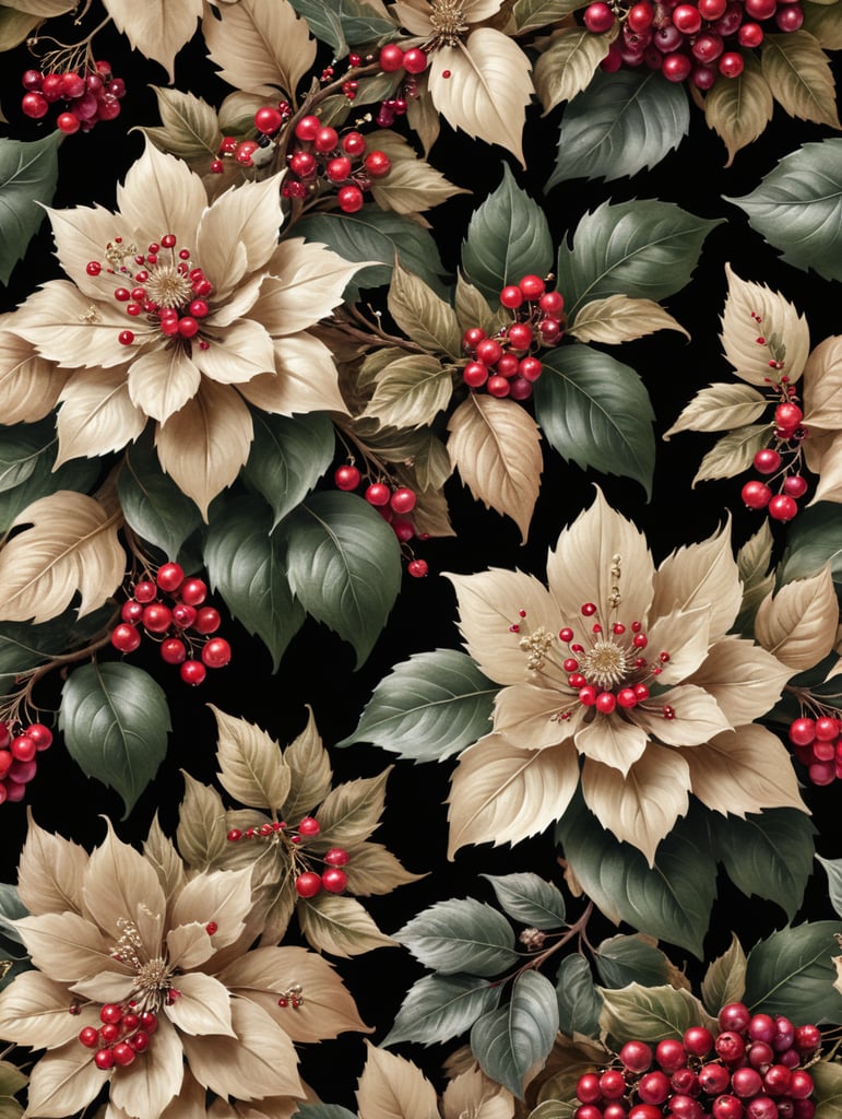 two shades of beige ink design, christmas flamboyant floral background with berries and leaves