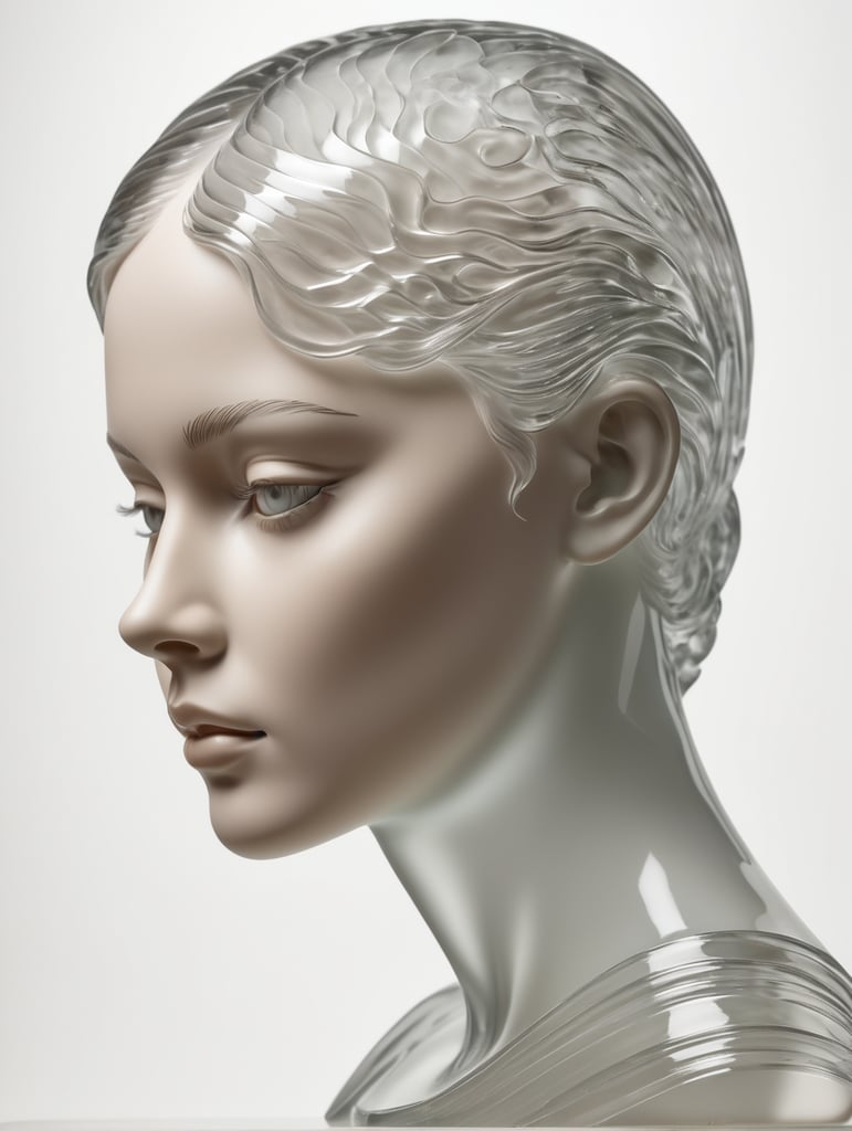 a see-through glasslike transparent matte white sculpture of a beautiful german young woman's head, 3 4 view