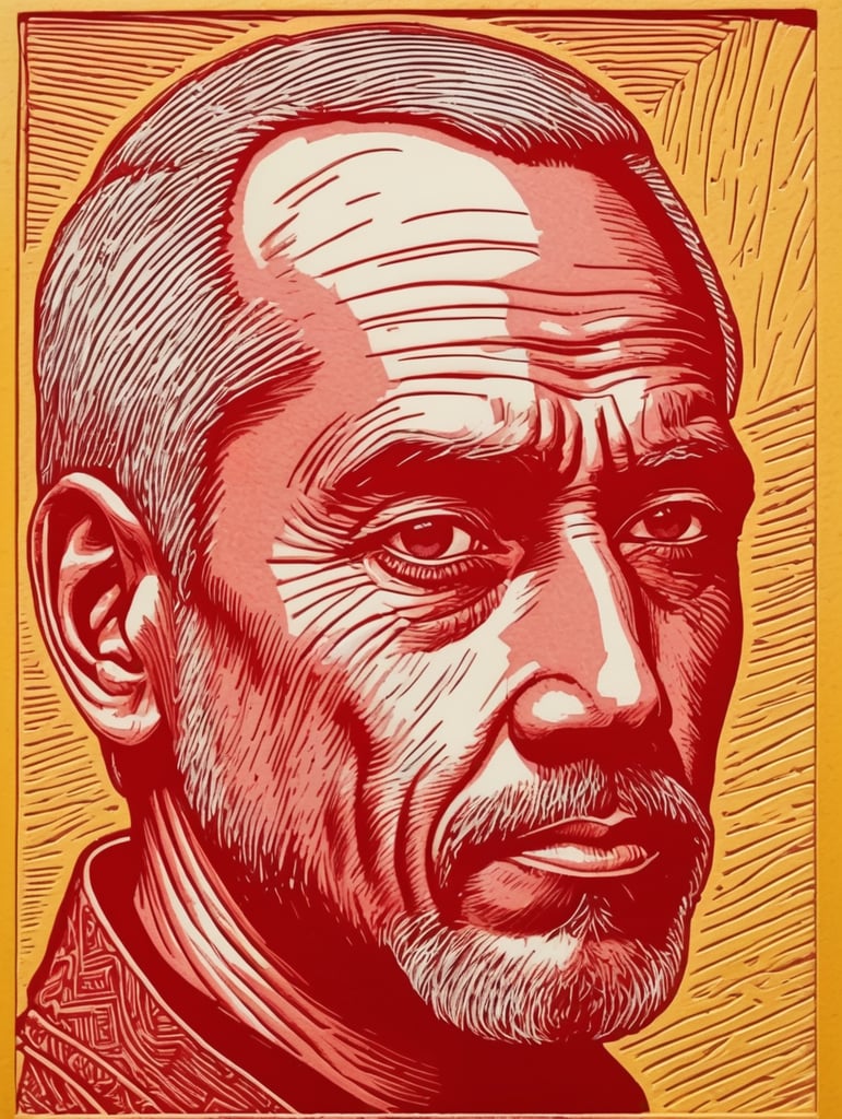 A men in Woodcut linocut ink stamp block portrait , thin line, relief, in line art style, Red and yello, visible woodgrain detail, high detail