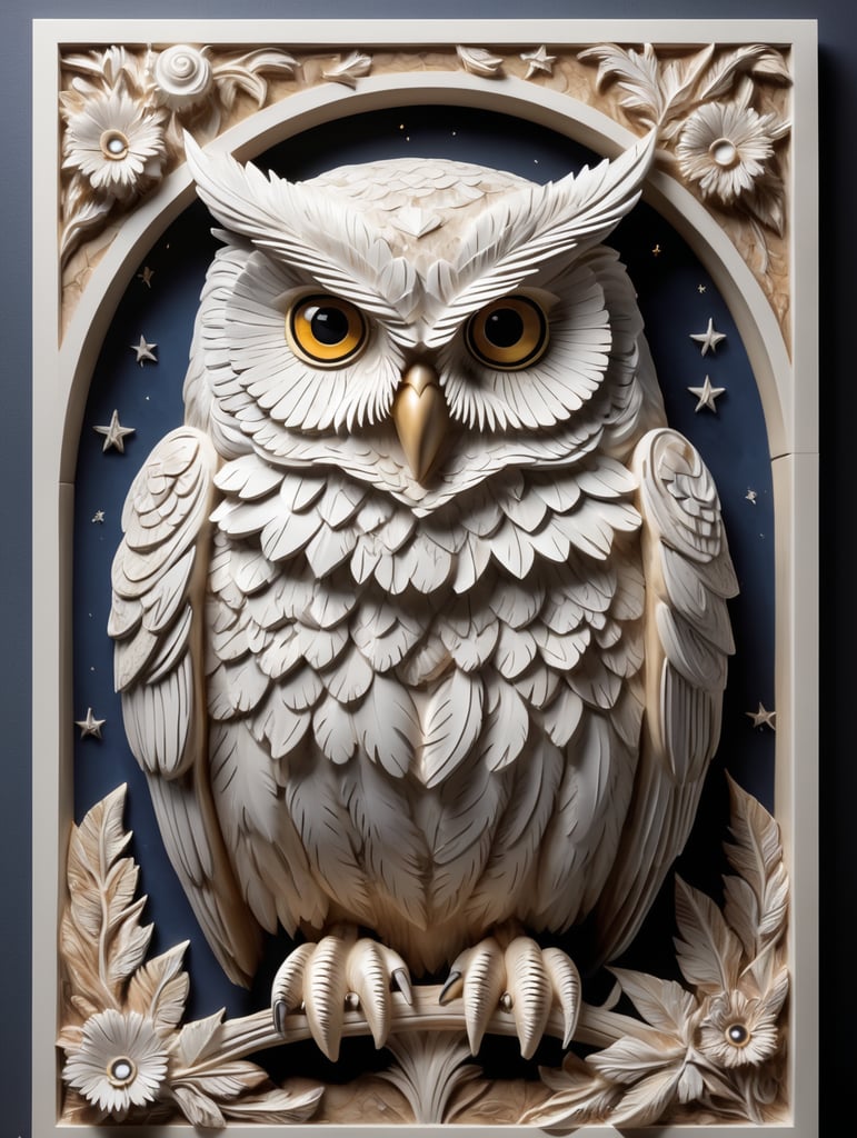 Picture an owl in 3D bas-relief, its feathers intricately detailed for a lifelike texture. Its wise, piercing eyes dominate the piece. A palette of browns and whites, set against a night sky backdrop, with a mystical, moonlit border.