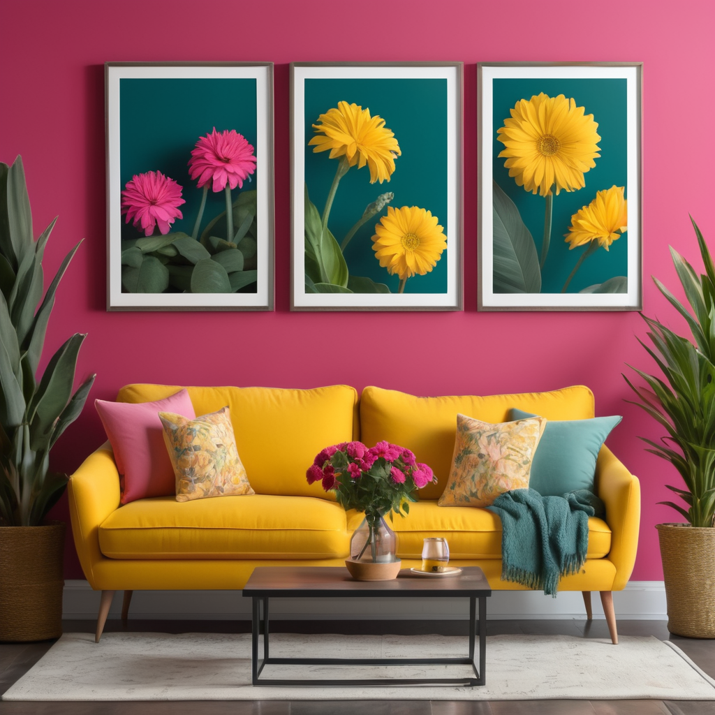 Mockup for two frames of 24x36 in. posters, hanging on a wall painted dark teal color, in a french modern country style livingroom, hot pink sofa and yellow pillows, many plants and flowers, bright livingroom