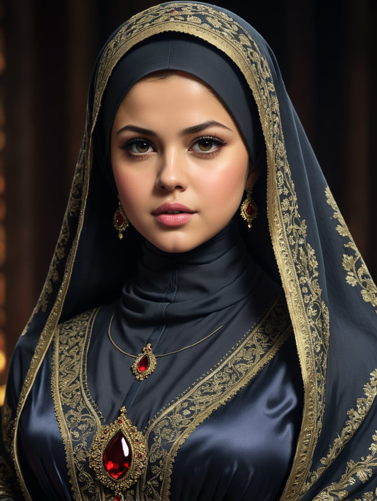 Selena Gomez, wearing gamis and hijab, from head to toe